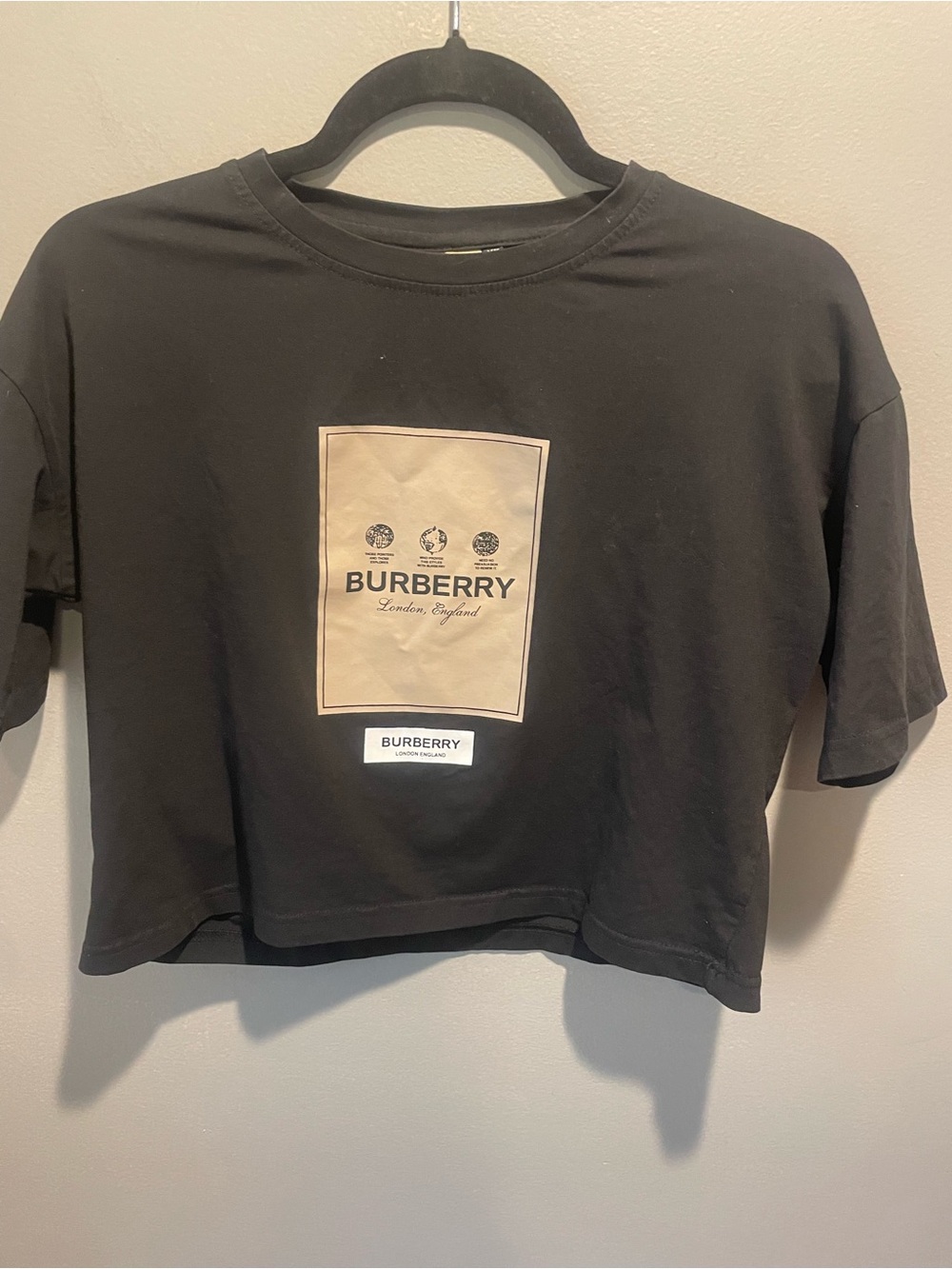 Burberry Black Cropped Tee with Beige Logo Panel